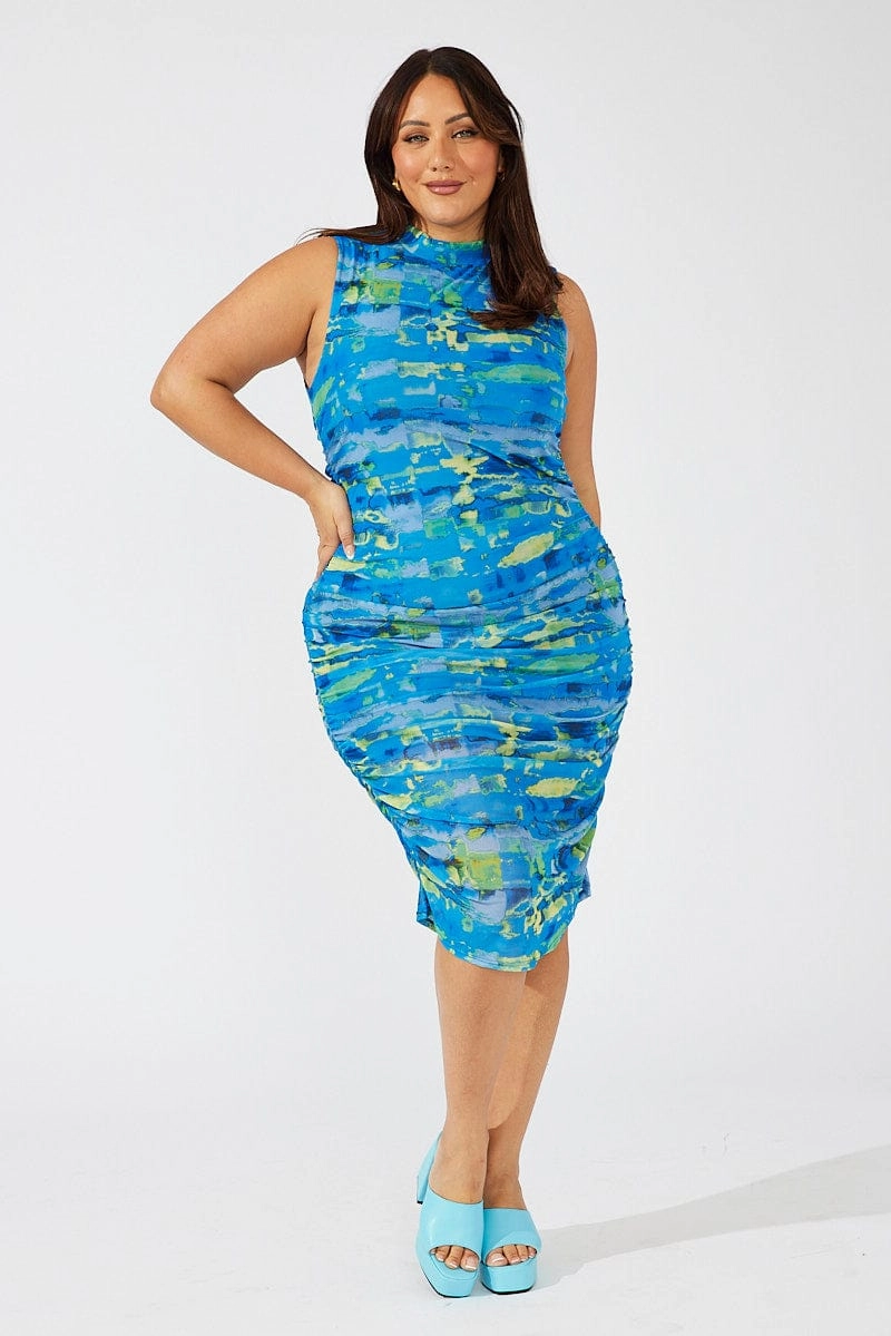 Flattering Style Fit Multi Abstract Mesh Maxidress High Neck