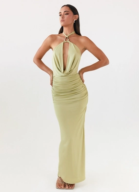 Samara Halterneck Maxi Dress - Sage Airy Fabric