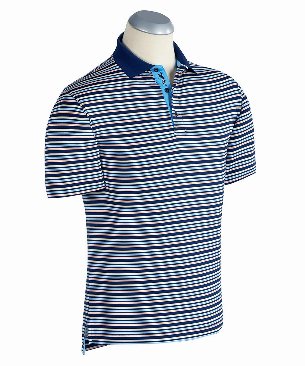 Fitted Top Flatlock stitching Sapelo Multi-Stripe Performance Short Sleeve Polo Shirt