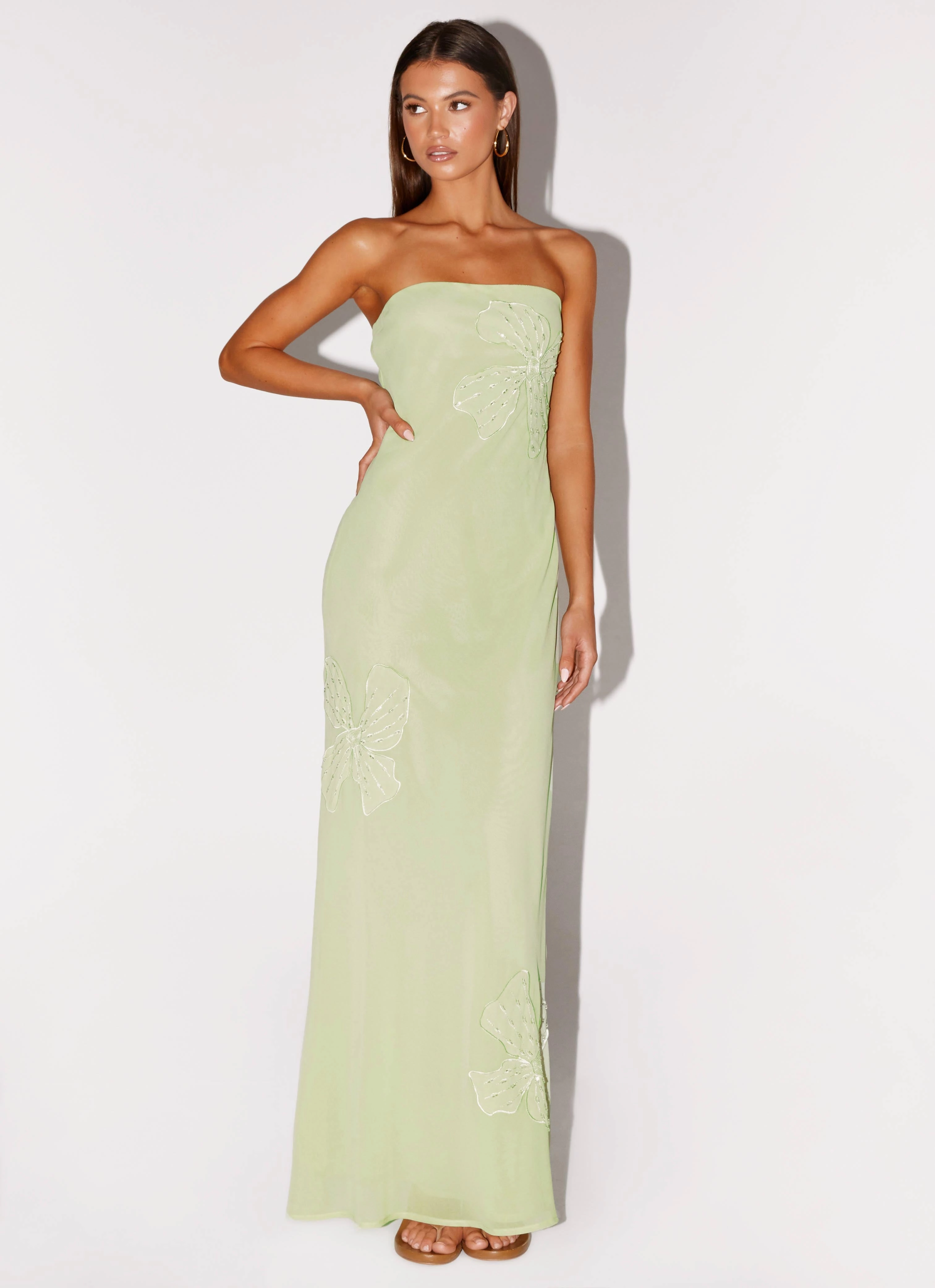 Scoop-Neck Elegant Fabric Sassafras Beaded Flower Strapless Maxi Dress - Lime