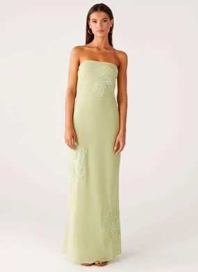 Button-front Sassafras Beaded Flower Strapless Maxi Dress - Lime