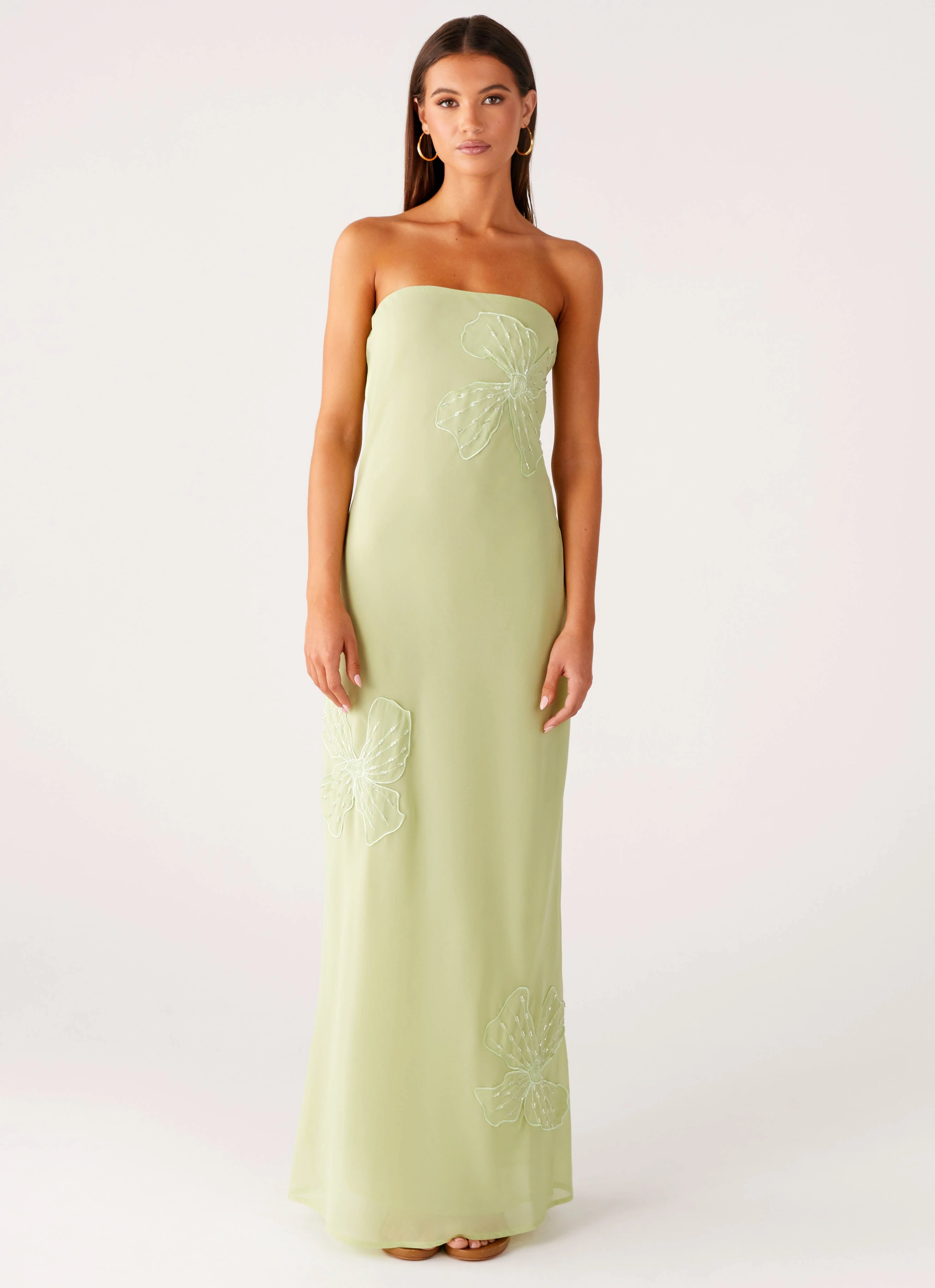 Button-front Sassafras Beaded Flower Strapless Maxi Dress - Lime