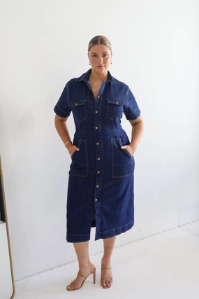 Minimal Touch Light Base SAVEIRA DENIM MIDI DRESS MIDNIGHT