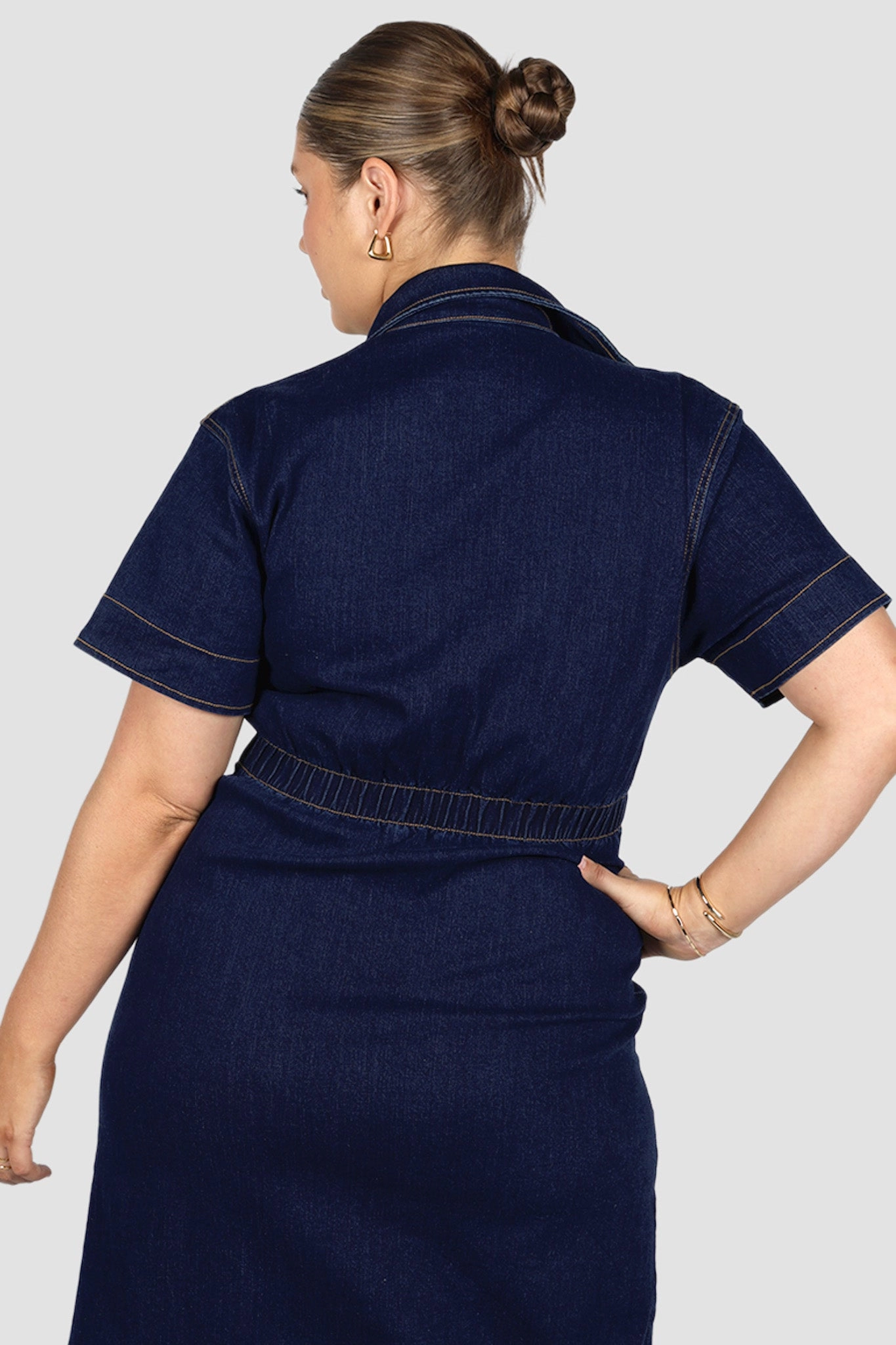 Balloon-Sleeve SAVEIRA DENIM MIDI DRESS MIDNIGHT