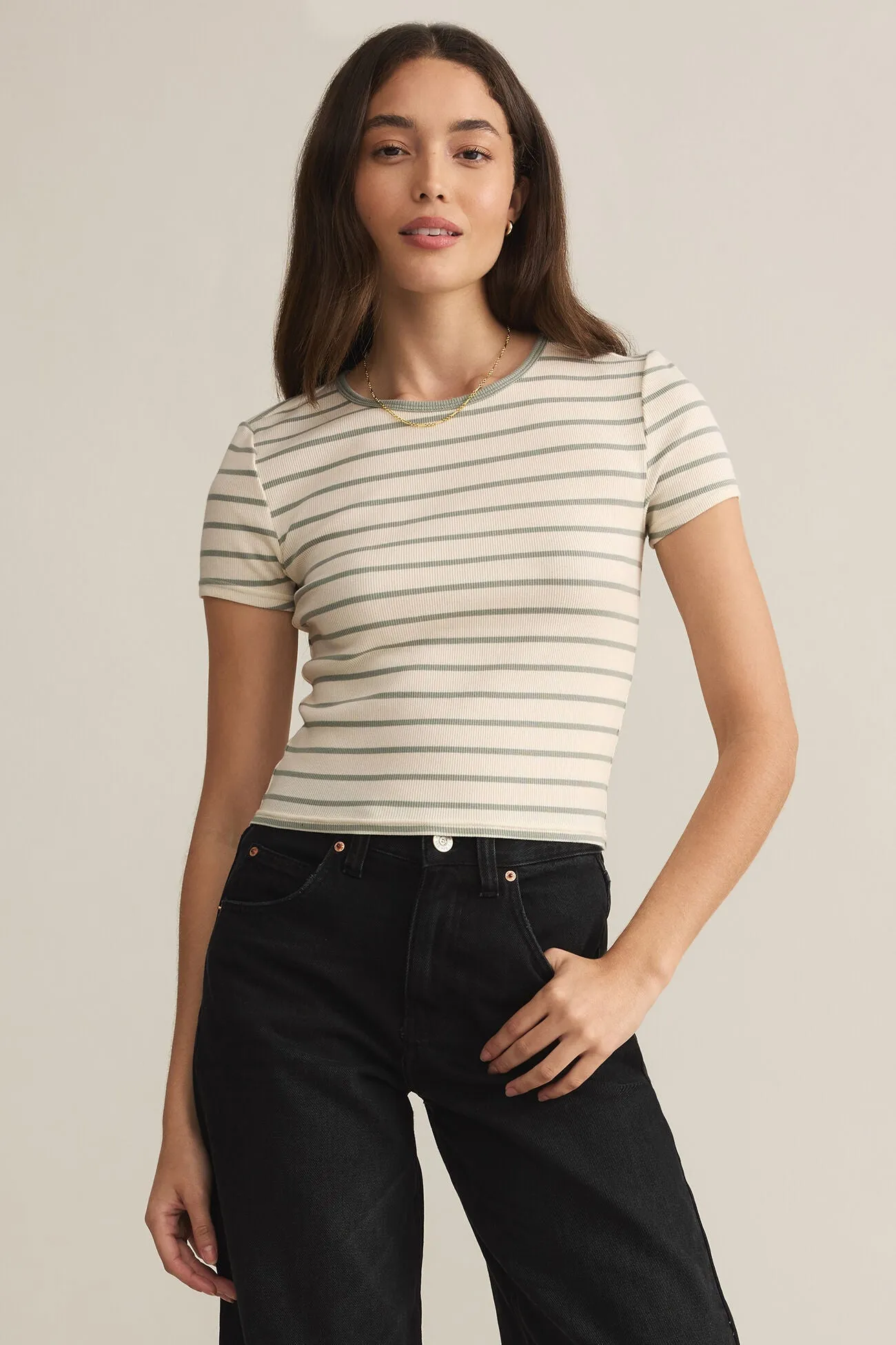 Sleek Stretch Saxton Striped Tee | Sage Green Classic Streetwear
