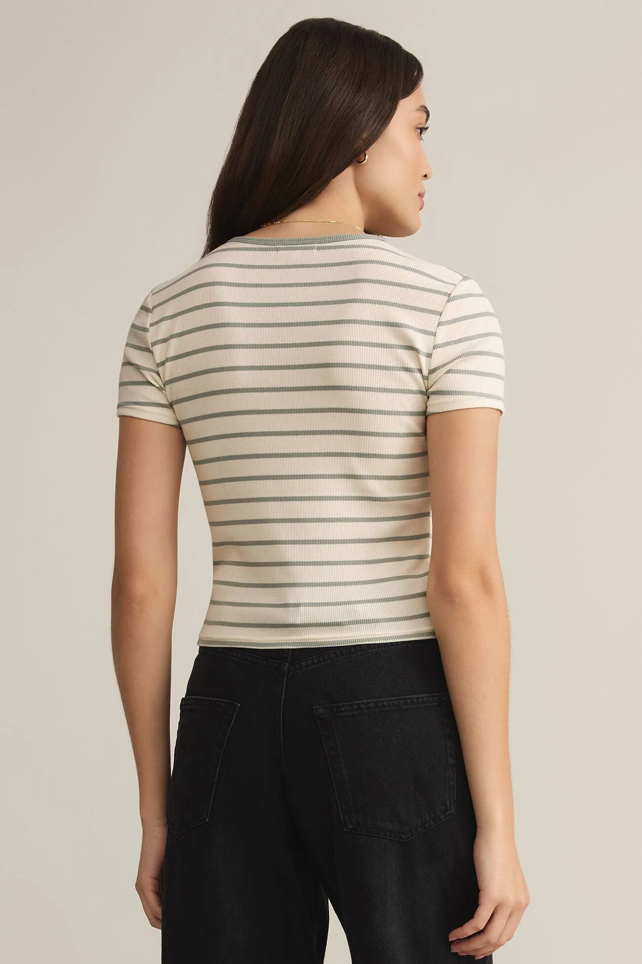 Flexible Shoulder Seams Bohemian style Saxton Striped Tee | Sage Green Classic Streetwear