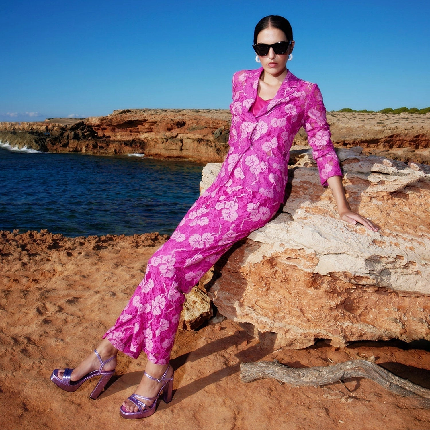 Madame Pink Floral Lace Fabric Trouser Casual Flex