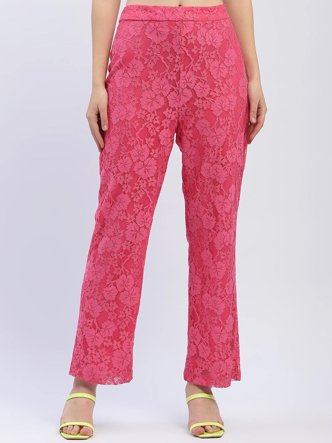 Madame Pink Floral Lace Fabric Trouser Easy Care Fabric Finish Comfortable Layers