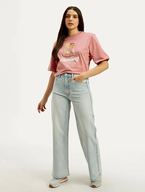 Multi Pocket Design Flattering Fit Women's Light Blue Ribcage Bell Bottom Wide Leg Fit High Rise Jeans