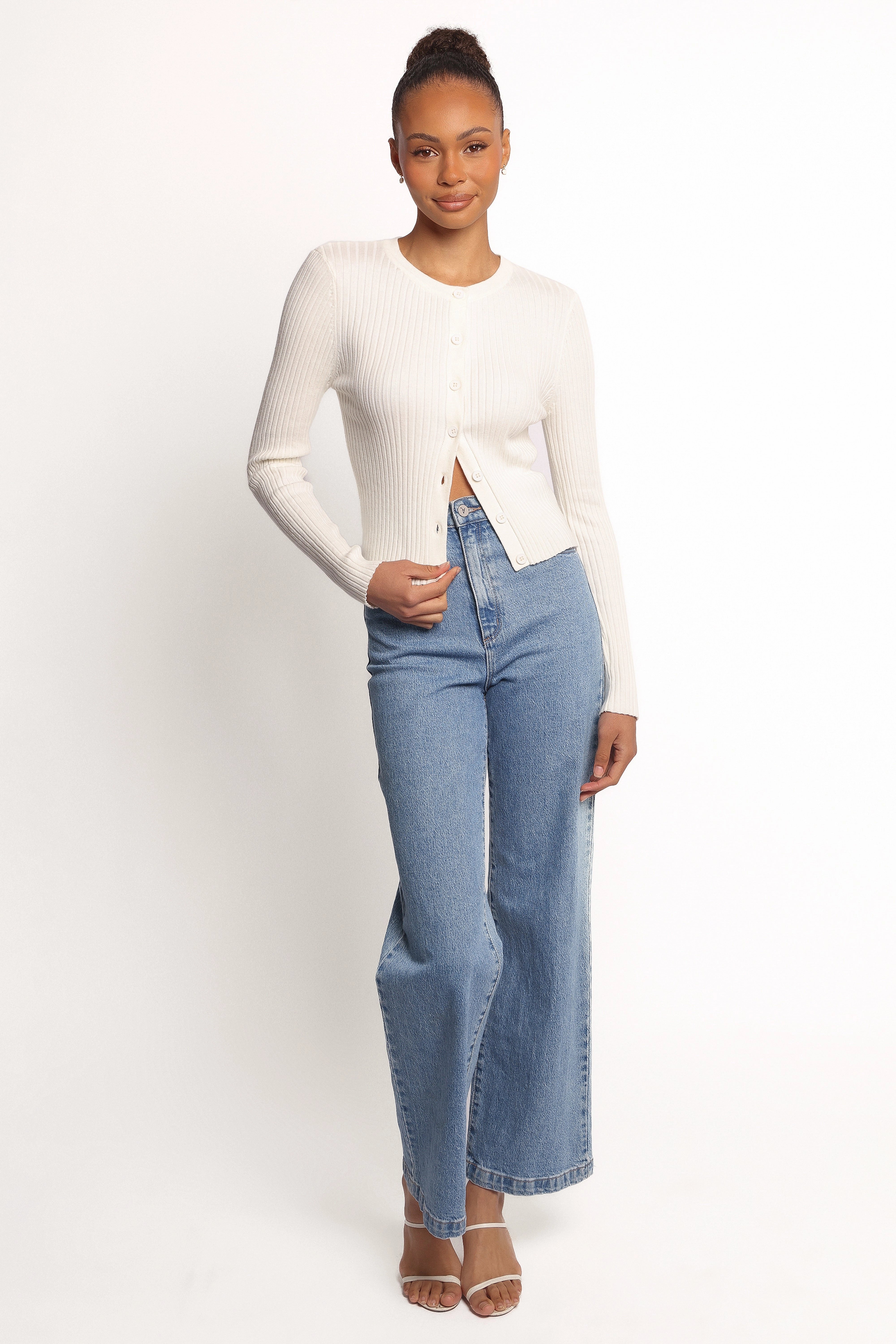 Four Way Stretch Reinforced Hemline Searie Ribbed Cardigan Top - Cream