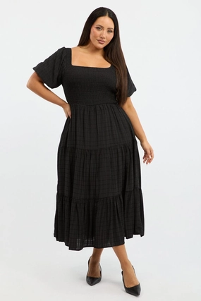 Black Midi Dress Short Sleeve Shirred SmoothEdgeFinish