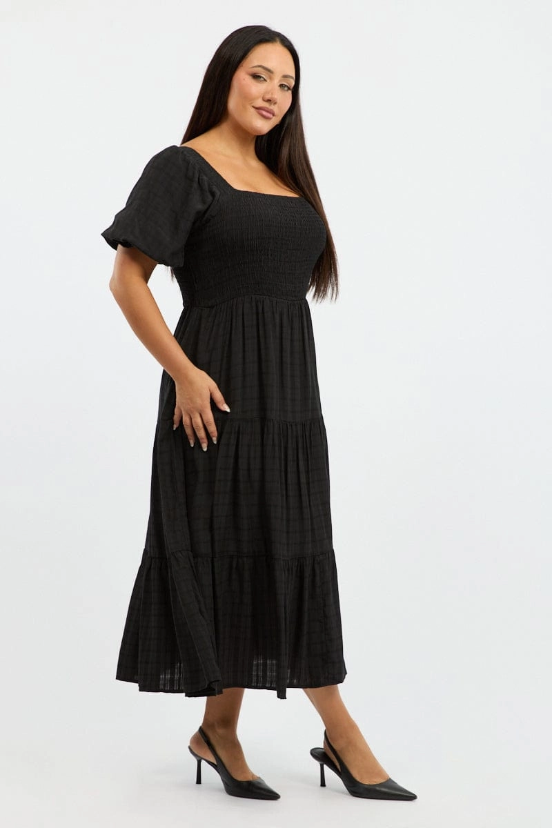 Black Midi Dress Short Sleeve Shirred Fashionable appearance Weekend Favorite