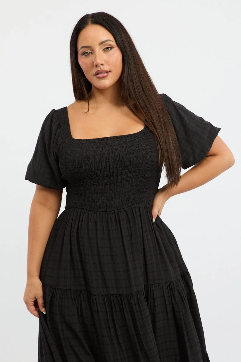 Clean Stitch Black Midi Dress Short Sleeve Shirred