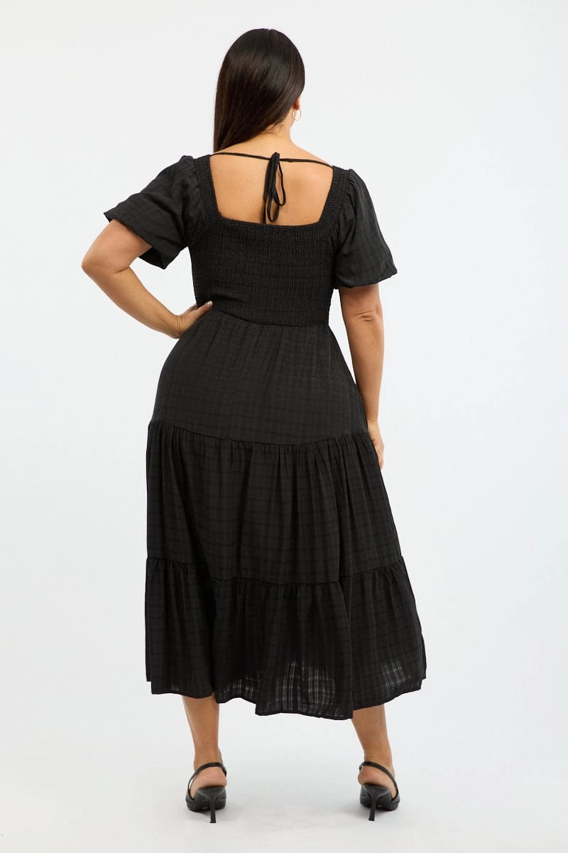 Black Midi Dress Short Sleeve Shirred Effortless Mood