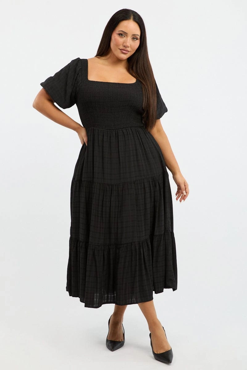 Black Midi Dress Short Sleeve Shirred SmoothEdgeFinish