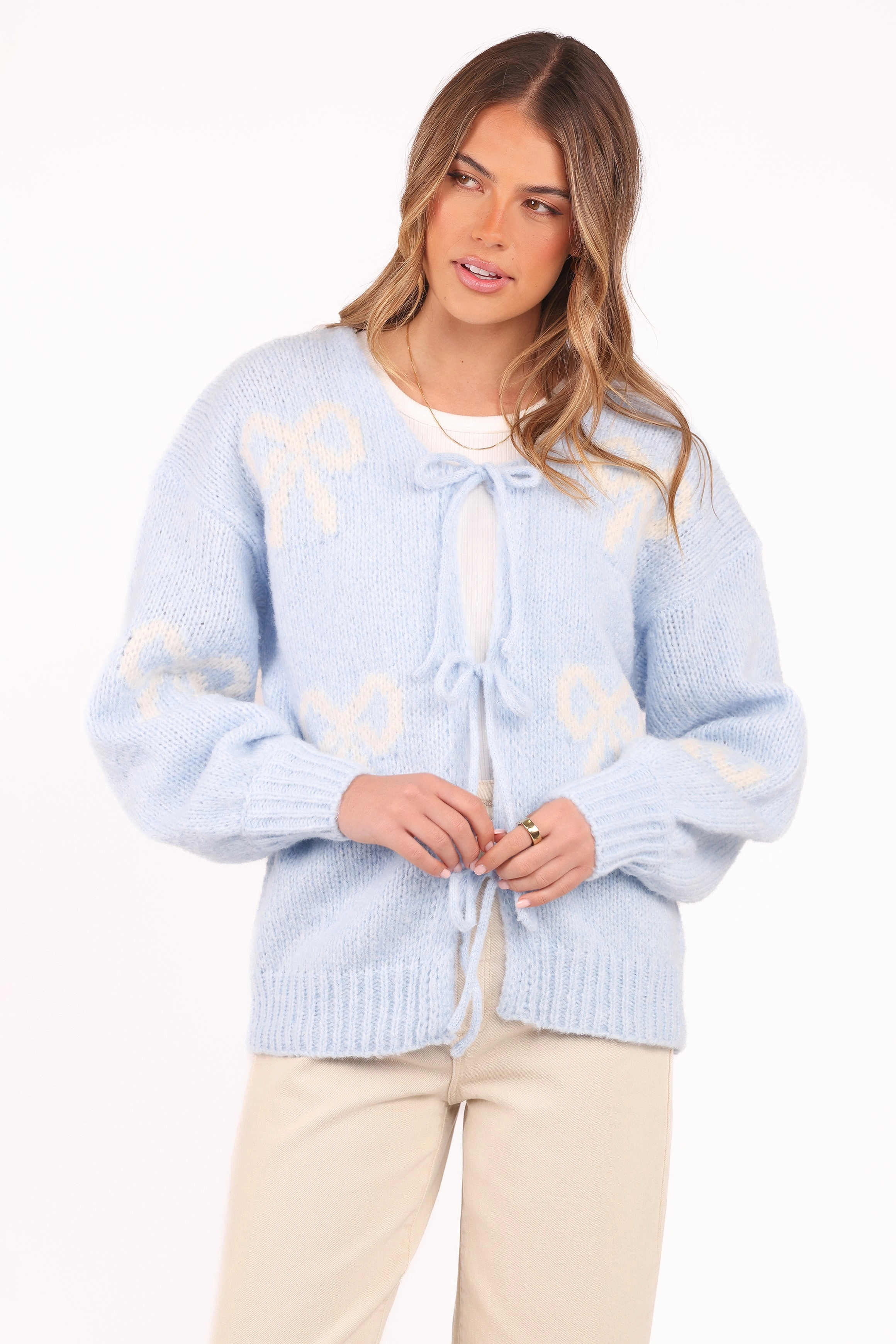 Vienna Bow Cardigan - Pale Blue Interlock Ribbed Collar