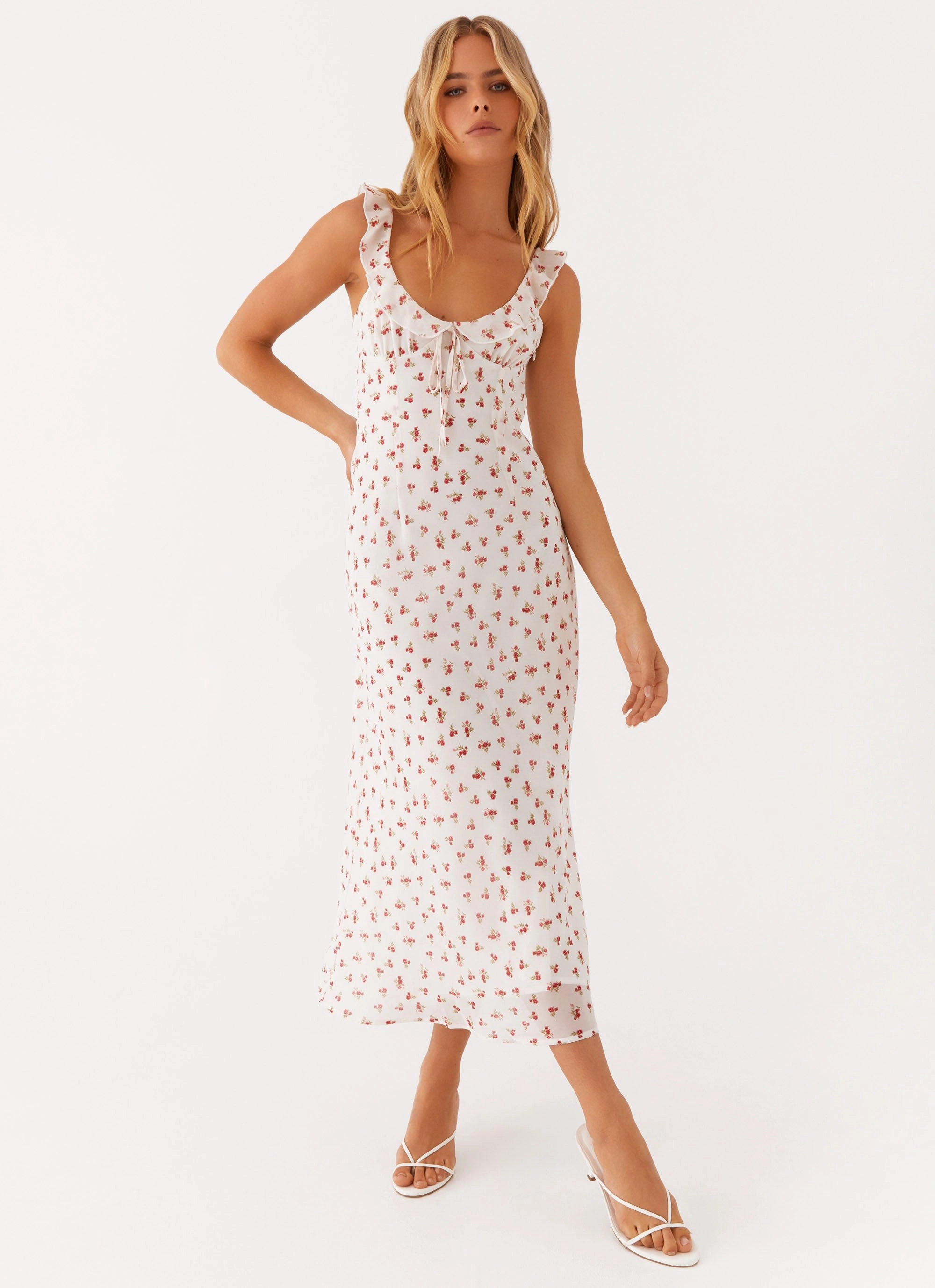 Soft Balance Lounge Style Second Guessing Midi Dress - Red White Floral