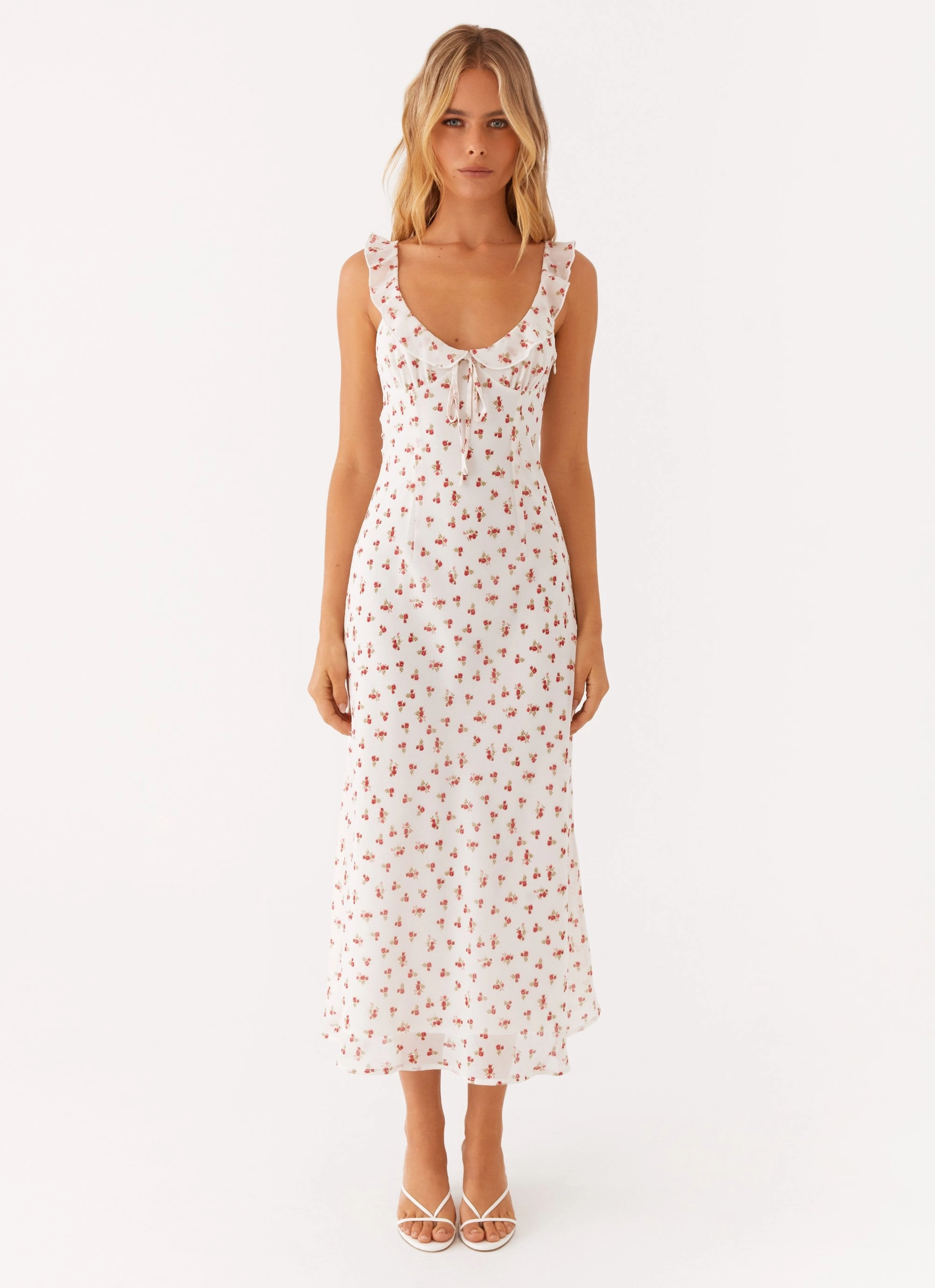 Second Guessing Midi Dress - Red White Floral Easy Comfort Look