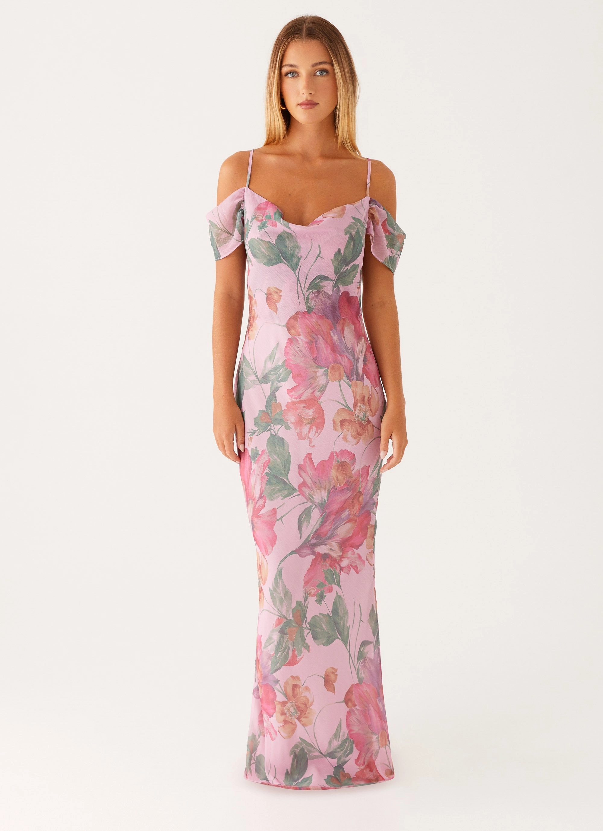 Retro Detail Vibrant Light Seline Maxi Dress - Pink Floral