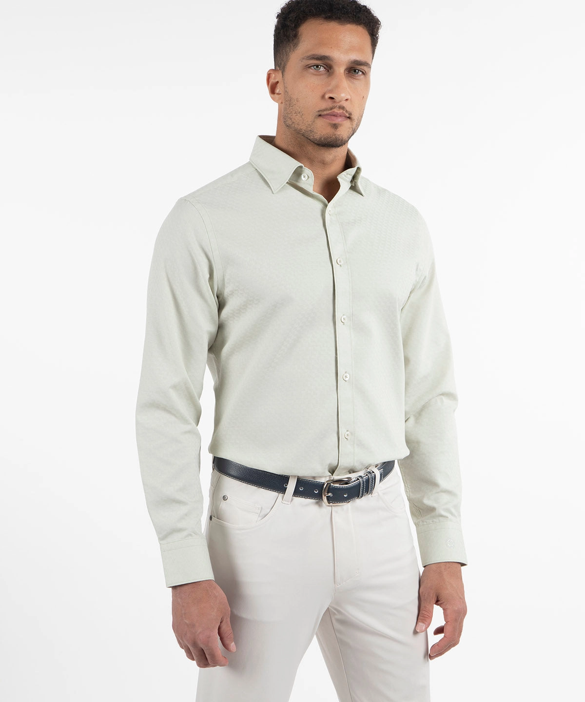 First Date Snag Resistant Fabric Signature Berkeley Tonal Grid Jacquard Weave Wrinkle Resistant Long Sleeve Sport Shirt