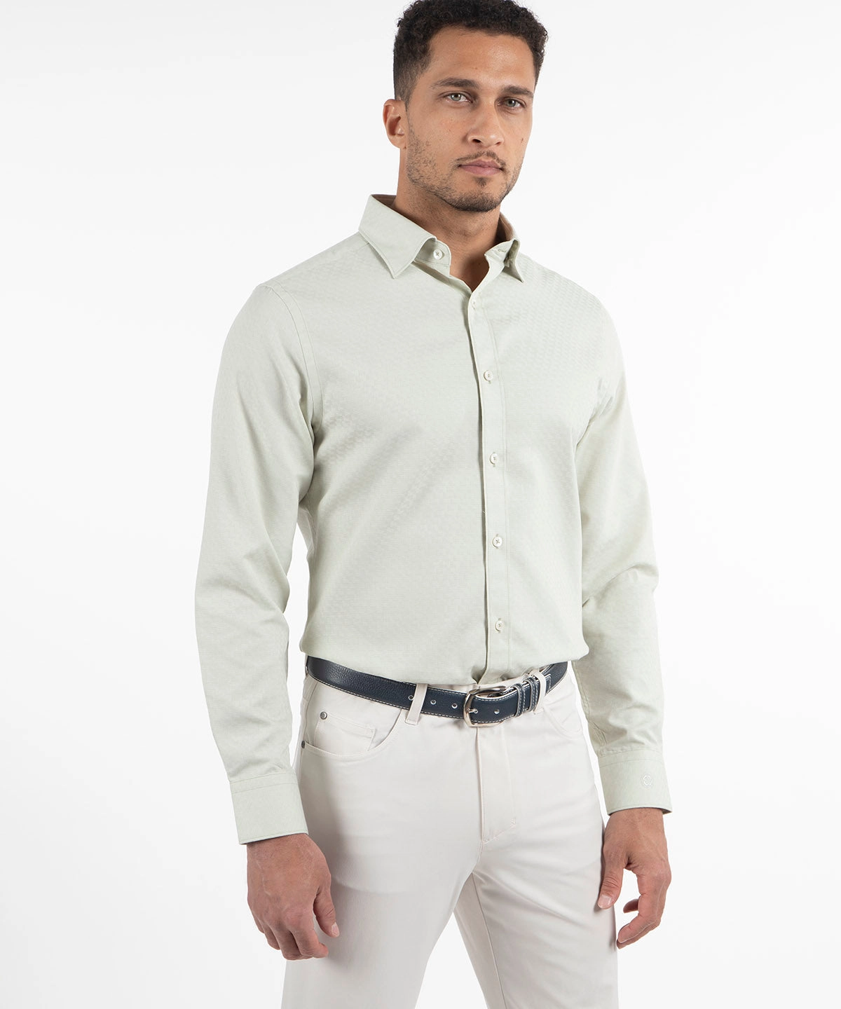 Moisture Wicking Layer Signature Berkeley Tonal Grid Jacquard Weave Wrinkle Resistant Long Sleeve Sport Shirt