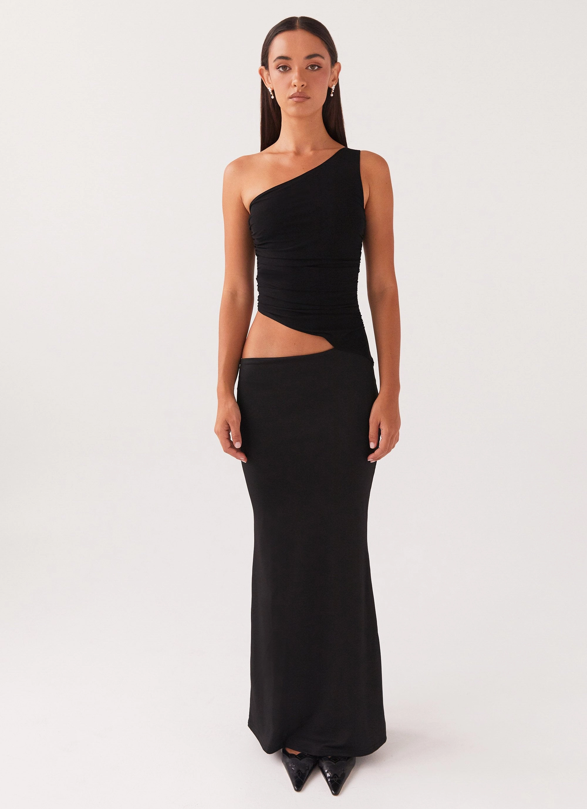 Seranella One Shoulder Maxi Dress - Black Date night everyday staple
