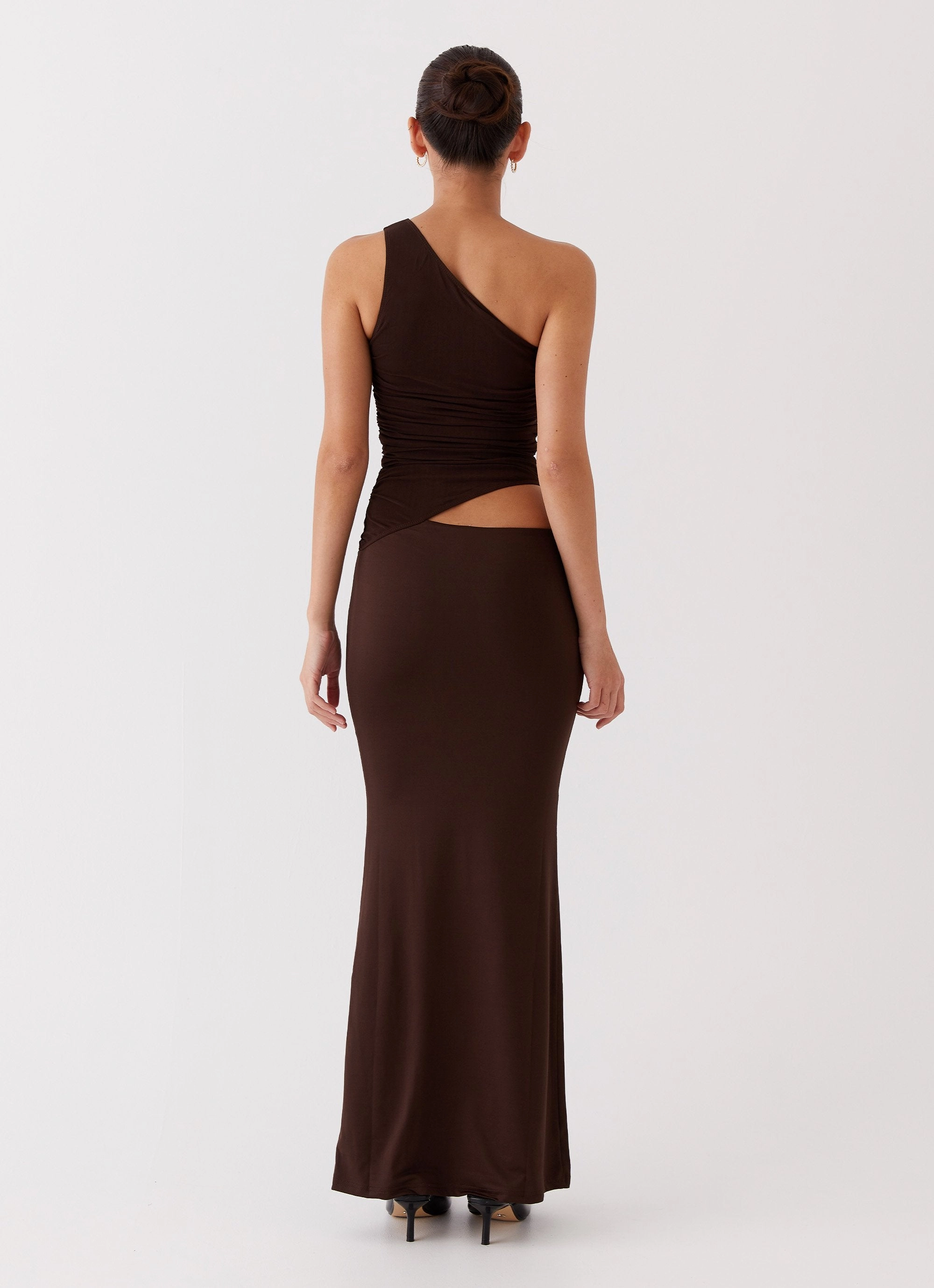 Seranella One Shoulder Maxi Dress - Chocolate Front-Pocket