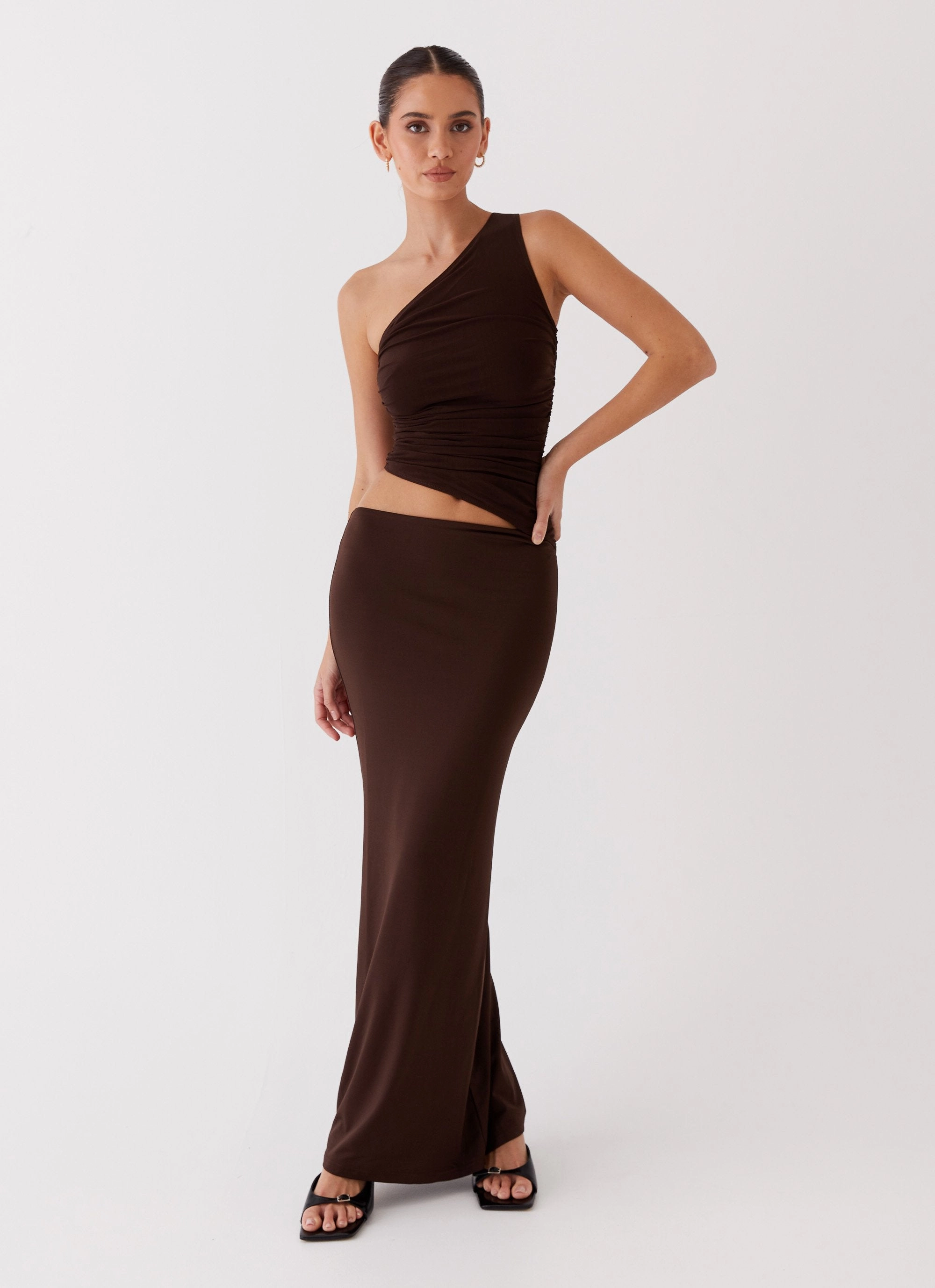 Seranella One Shoulder Maxi Dress - Chocolate Earth Colors Soft Volume