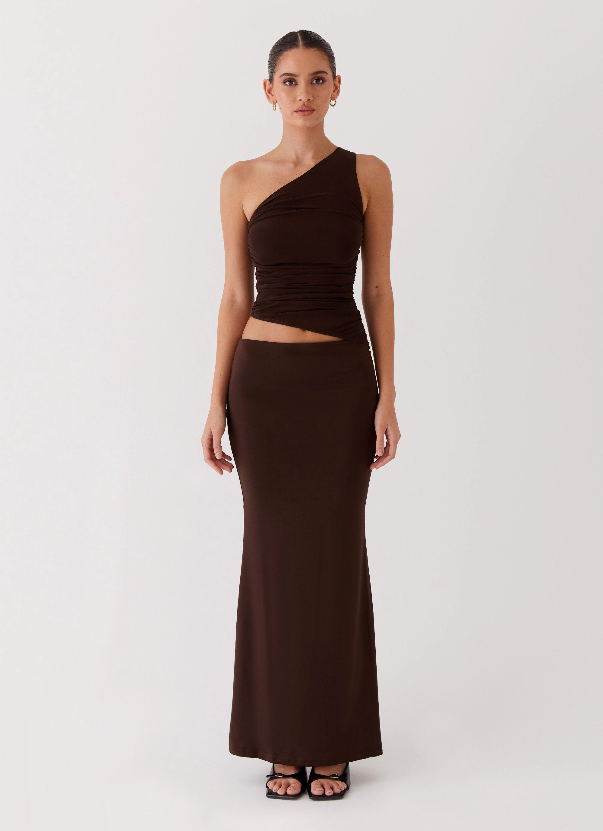 Seranella One Shoulder Maxi Dress - Chocolate French Vibe