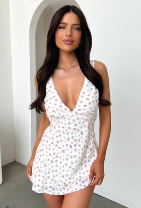 Elastic Free Edges Naf V-Neck Mini Dress - Rose Floral