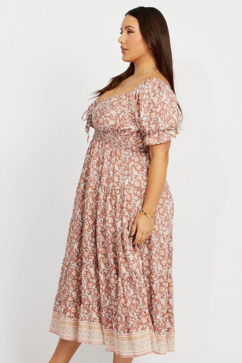 Brown Boho Midi Dress Short Sleeve Romantic date dress Flutter-Sleeve