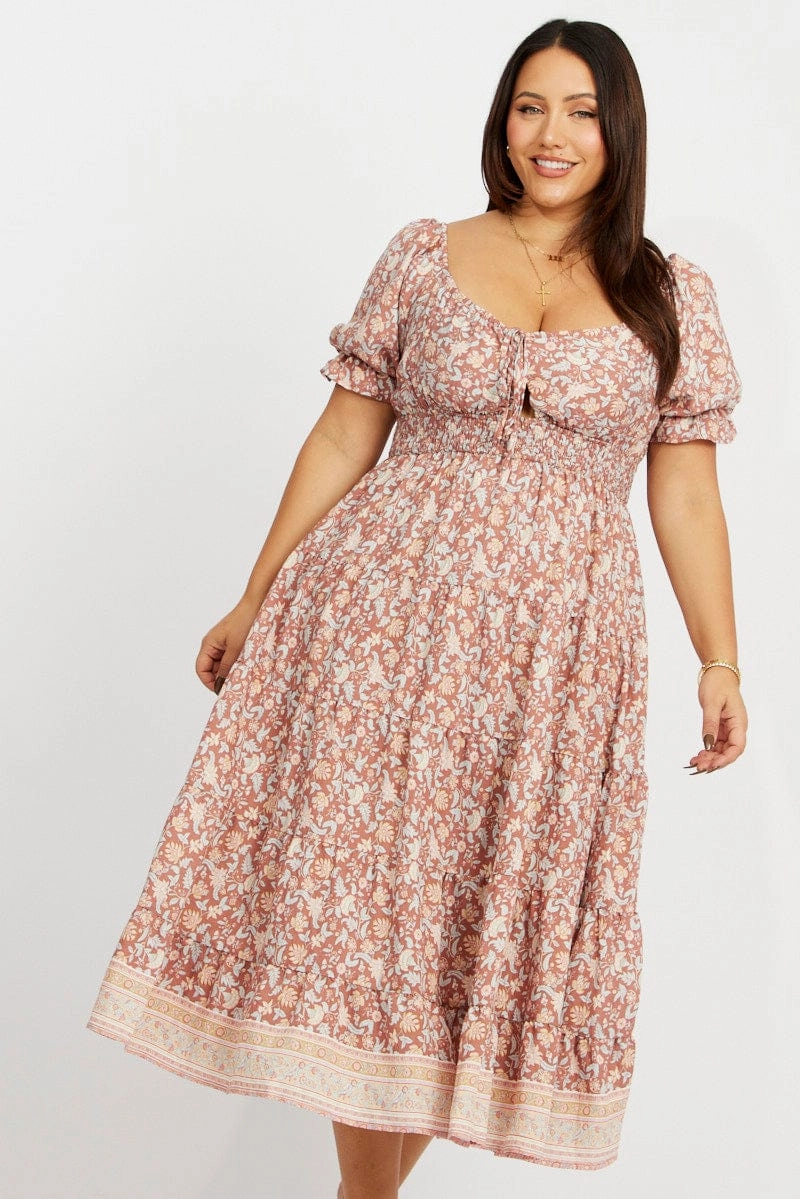 Brown Boho Midi Dress Short Sleeve Vintage Vibe Weekend Favorite