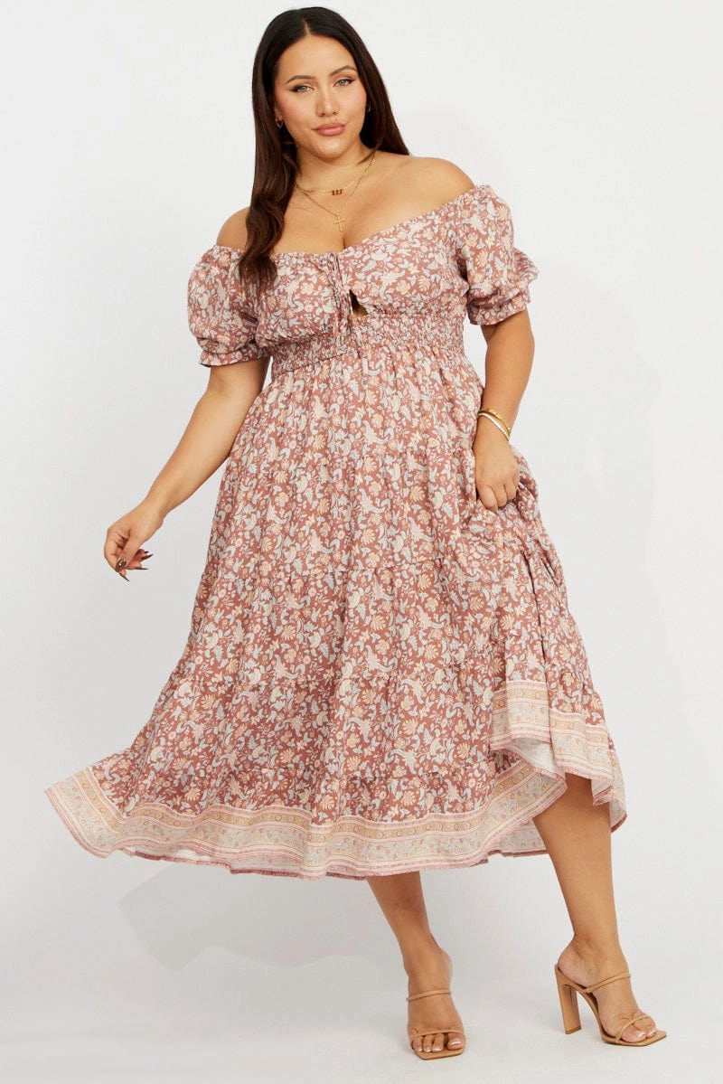 Brown Boho Midi Dress Short Sleeve Ombre-Effect