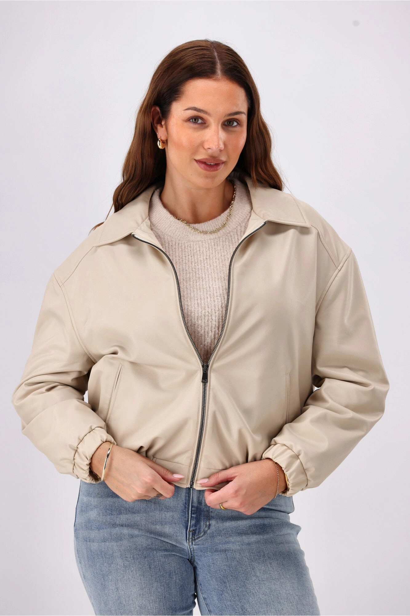 Shine On Label Aidia Pleather Jacket Taupe Flexible Layer System