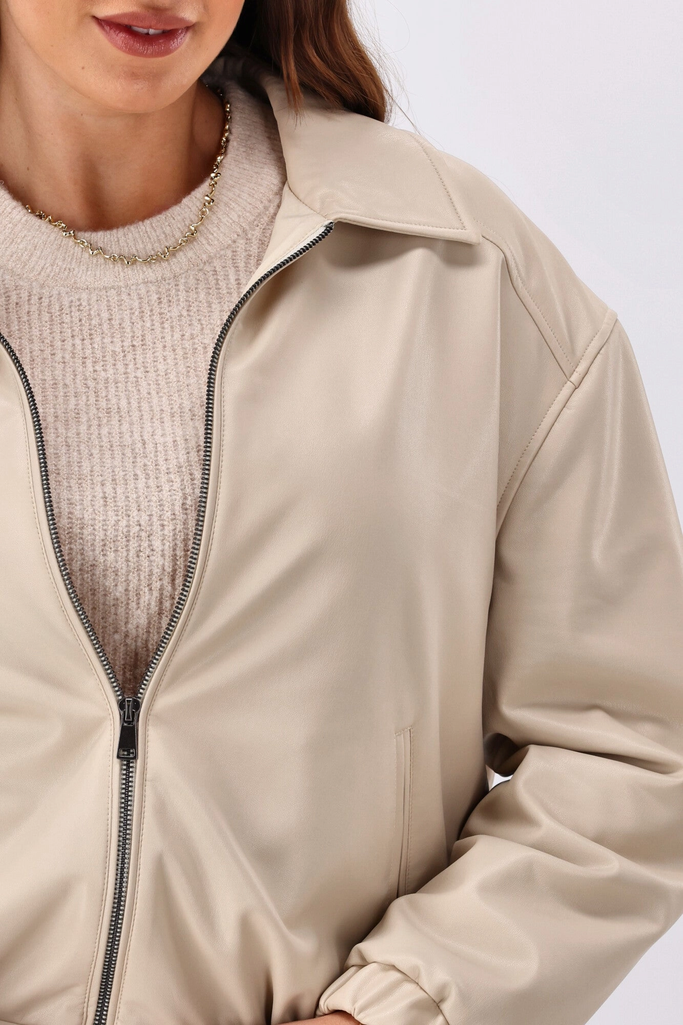 Shine On Label Aidia Pleather Jacket Taupe Reinforced Shoulders