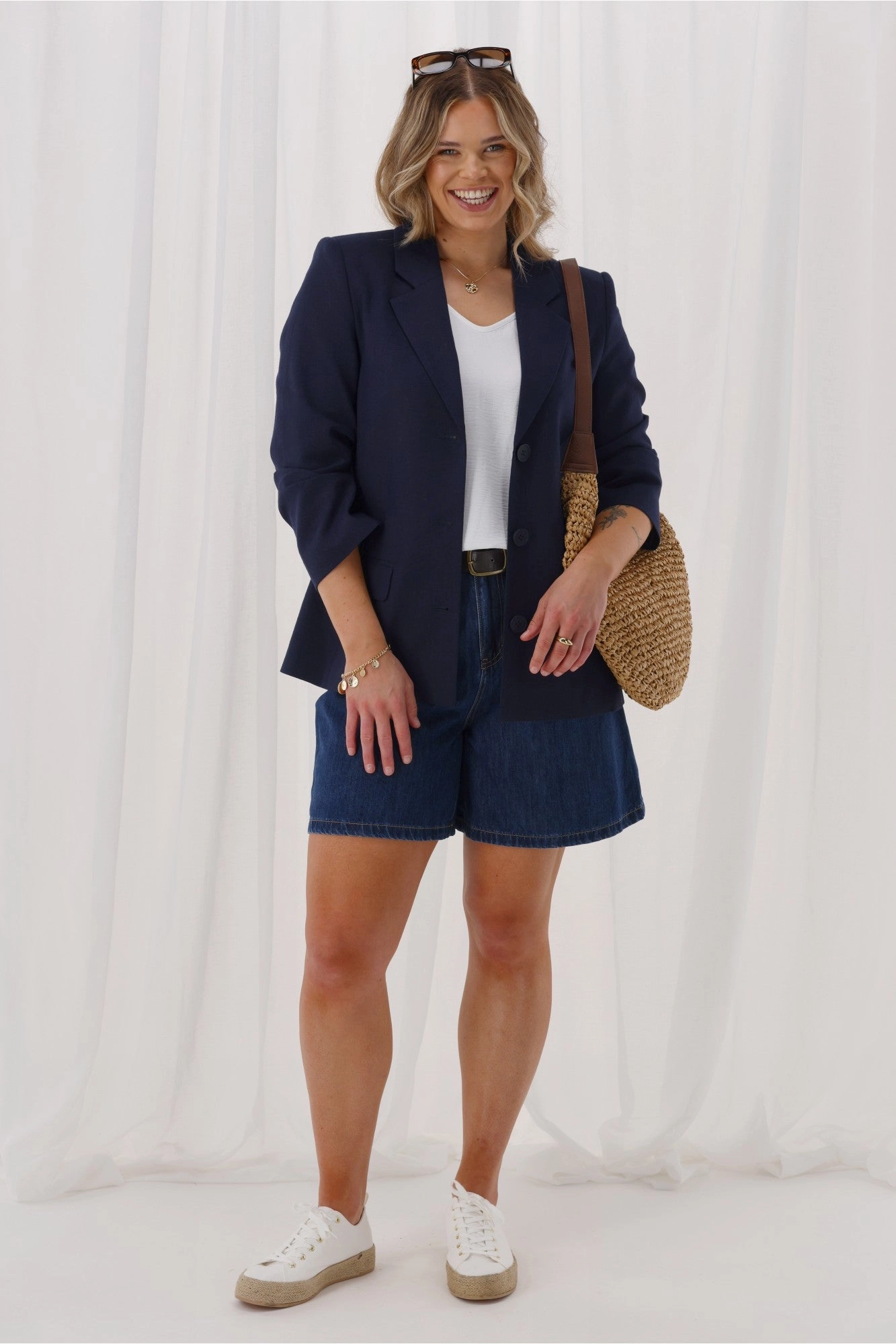 Zip Pockets Light Weight Shine On Label Avelina Linen Blend Blazer Midnight