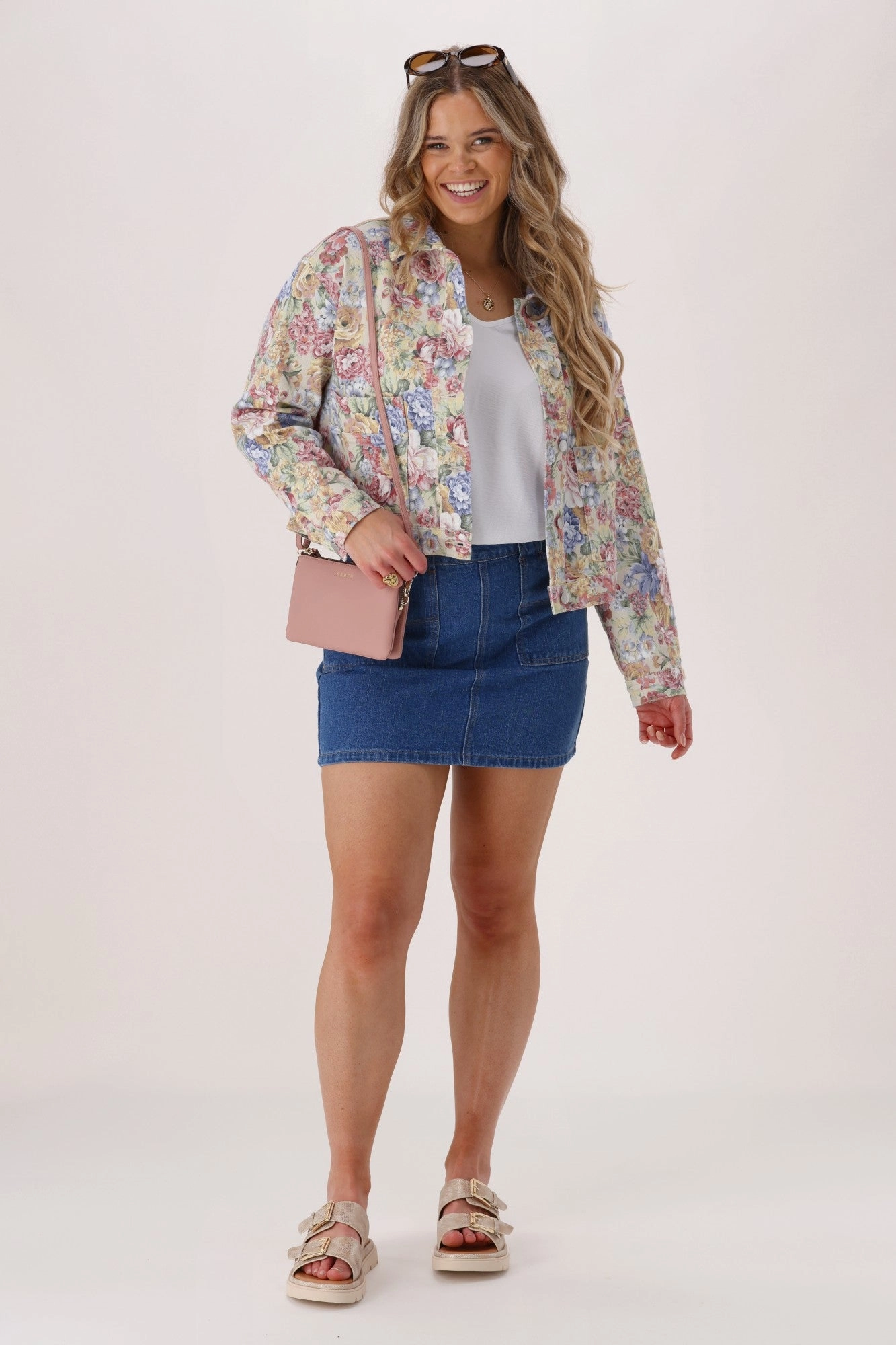 Double Layer Protection Shine On Label Dolly Jacket Floral Denim