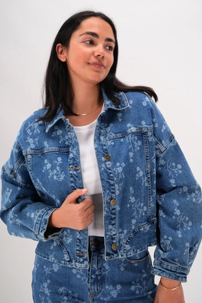 Shine On Label Everlasting Cropped Denim Jacket Dark Indigo Floral Print Secure Closure Systems