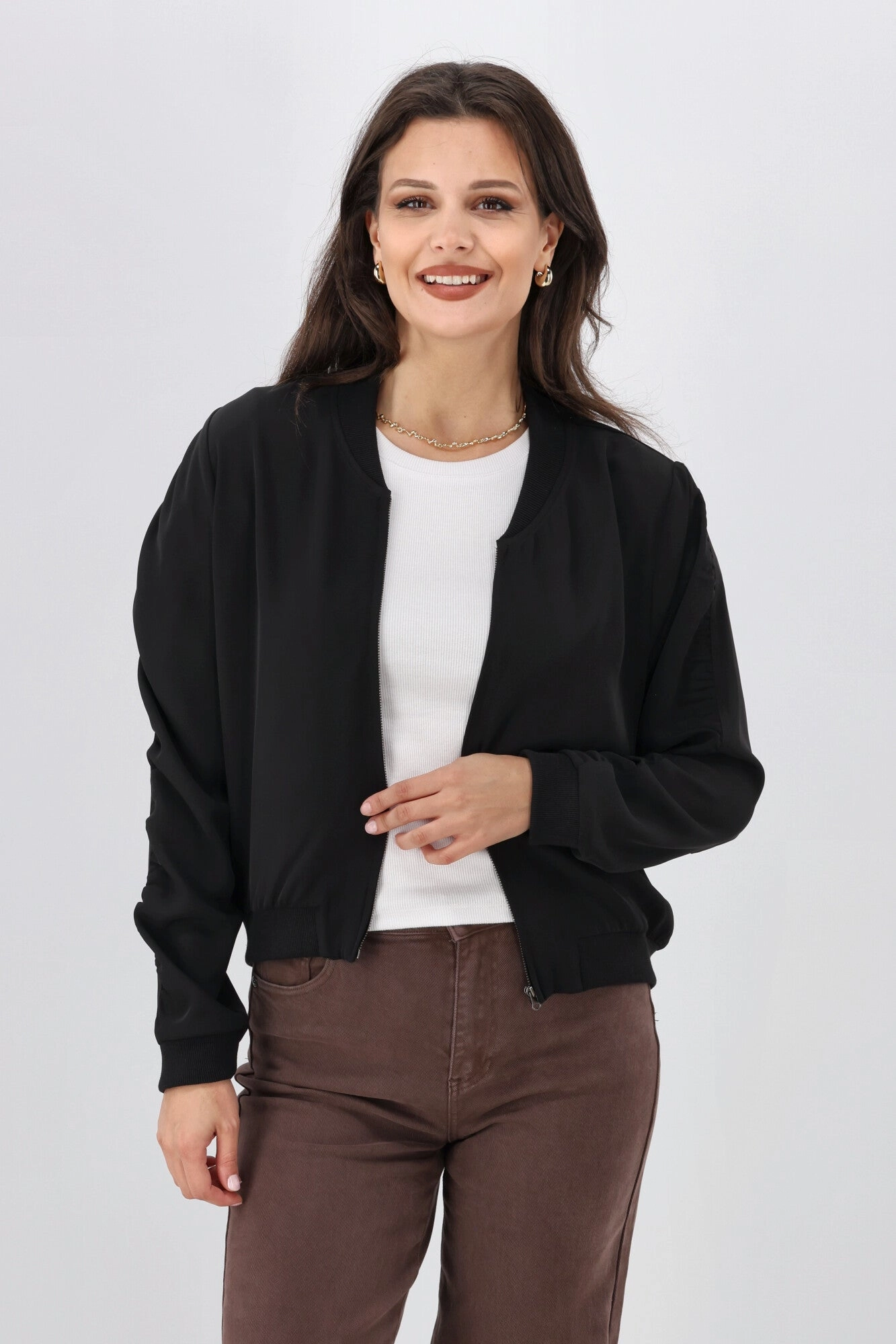Shine On Label Hailey Gathered Sleeve Bomber Jacket Black Adaptive Layering System