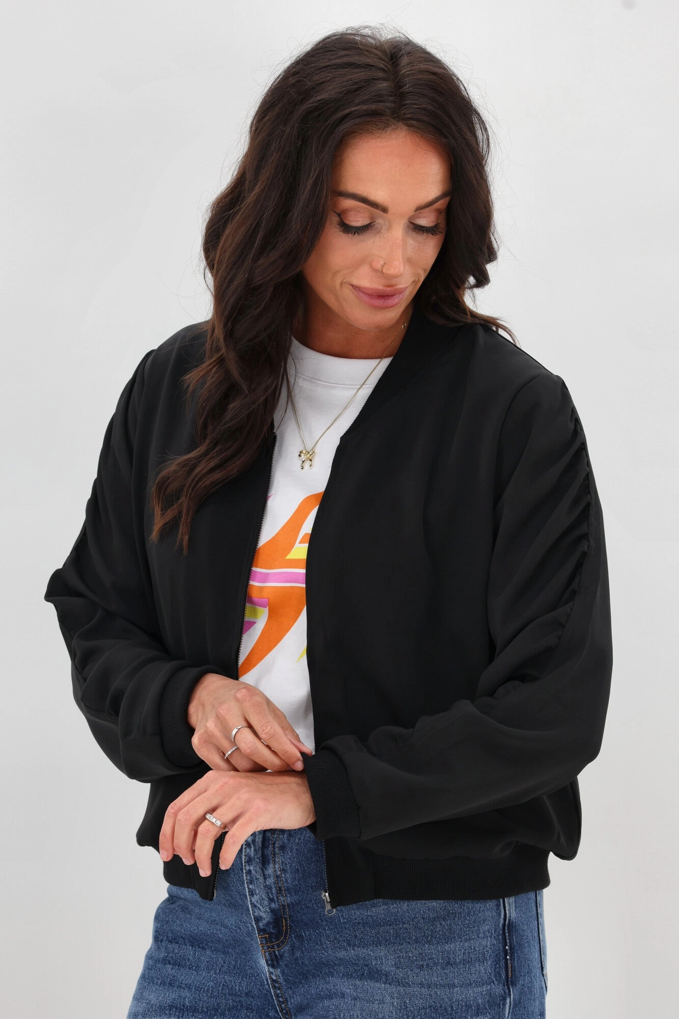 Heat Retention Lining Easy Wear Shine On Label Hailey Gathered Sleeve Bomber Jacket Black
