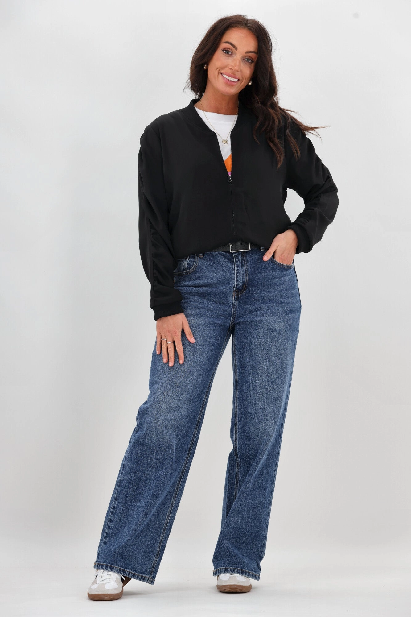 Abrasion Resistant Edging Shine On Label Hailey Gathered Sleeve Bomber Jacket Black