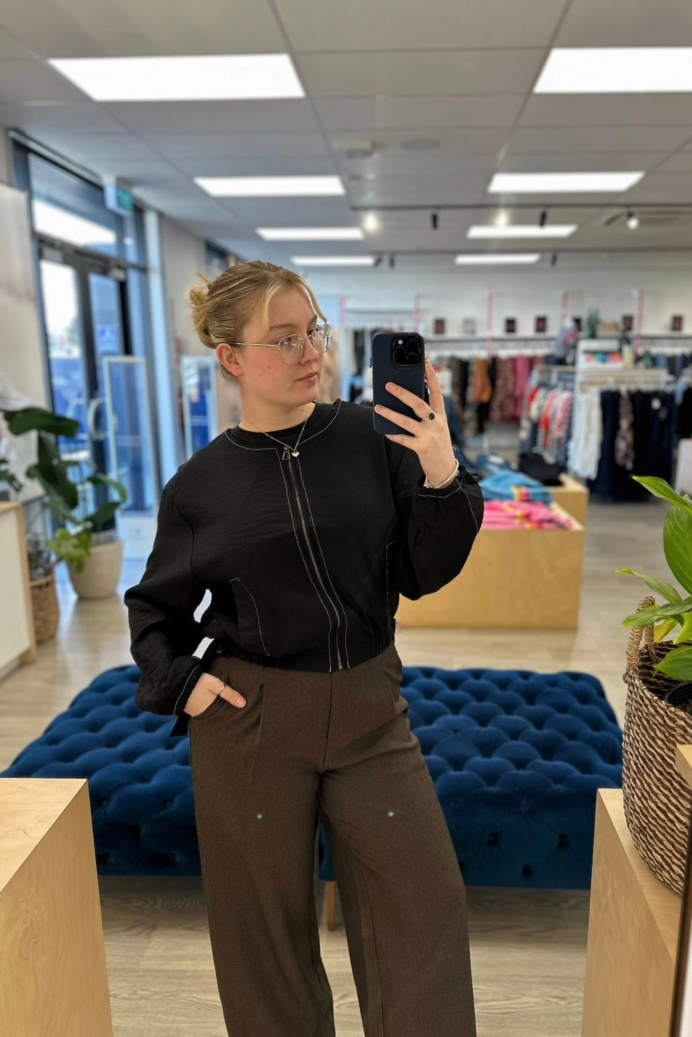 Shine On Label Kayleigh Contrast Stitch Bomber Jacket Black Moisture Control Fibers