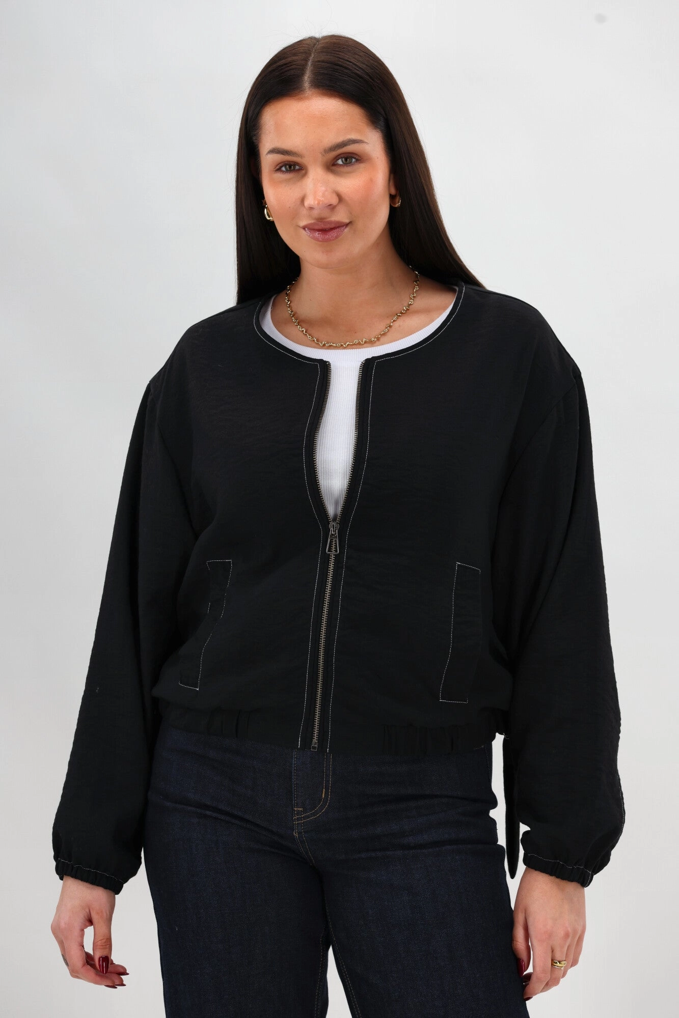 Shine On Label Kayleigh Contrast Stitch Bomber Jacket Black Soft touch finish Zipper Closure Mechanism