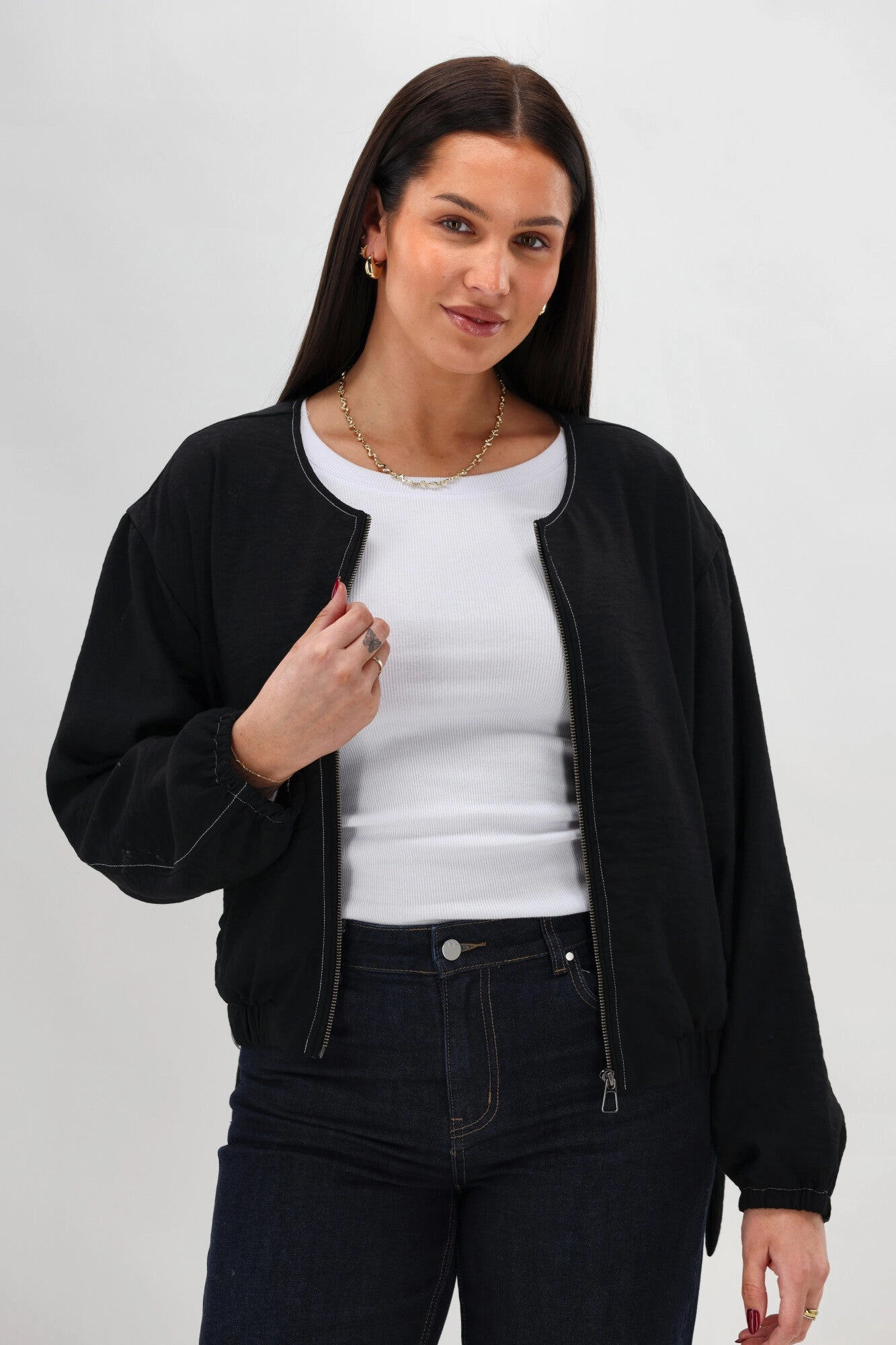 Stylish Basics MultiAngleVentilation Shine On Label Kayleigh Contrast Stitch Bomber Jacket Black