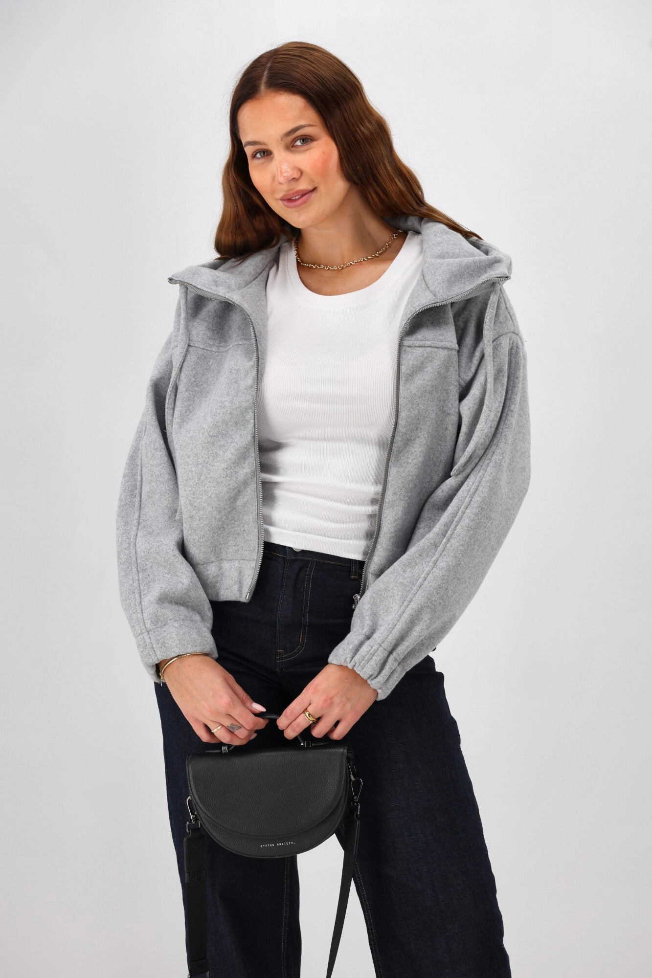 Warm Essentials Shine On Label Metro Felt Hooded Bomber Jacket Grey Marl