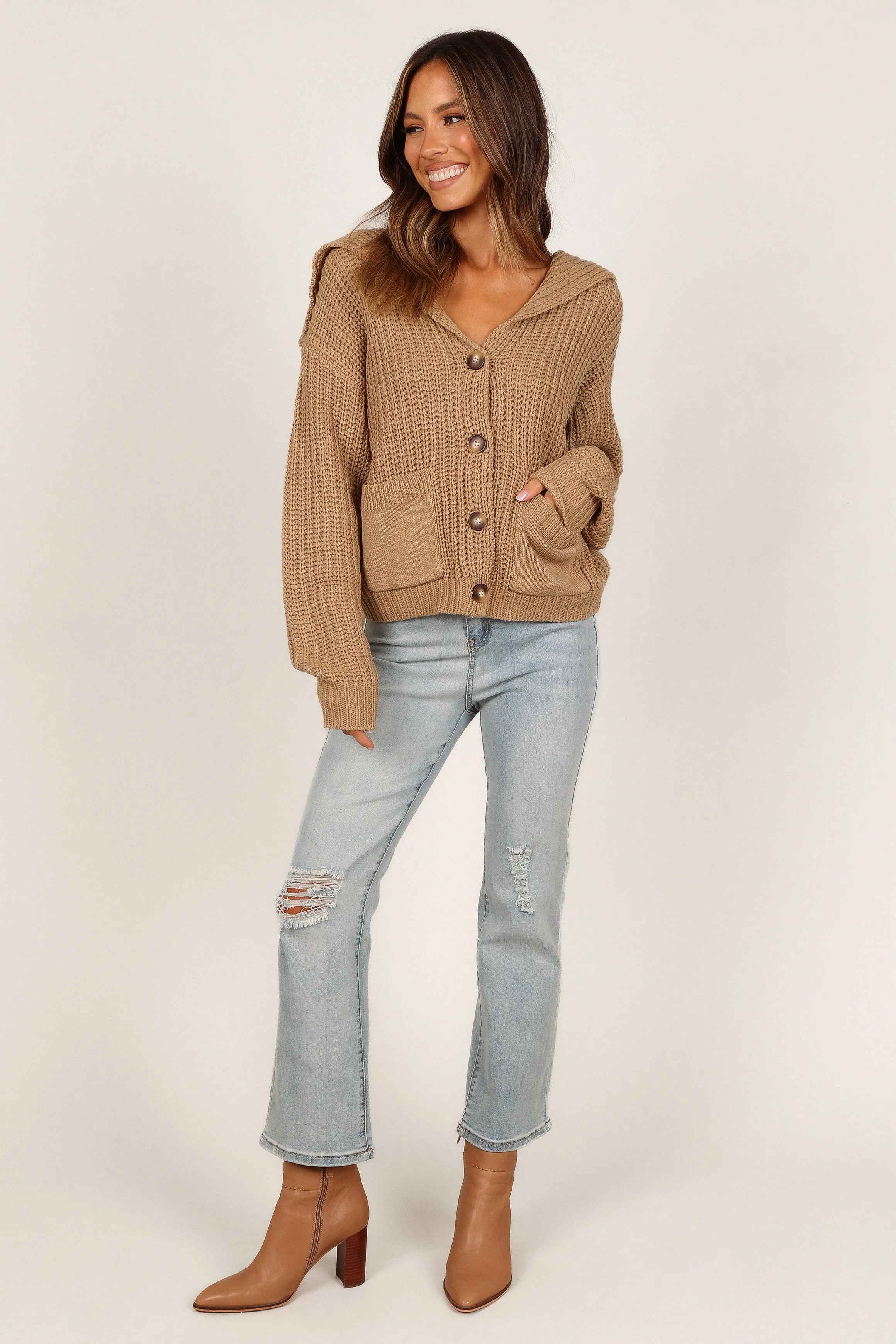 Amelia Oversize Collar Button Cardigan - Camel Home Comfort