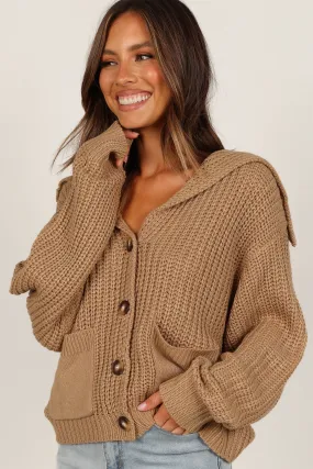Amelia Oversize Collar Button Cardigan - Camel Elastic hemline