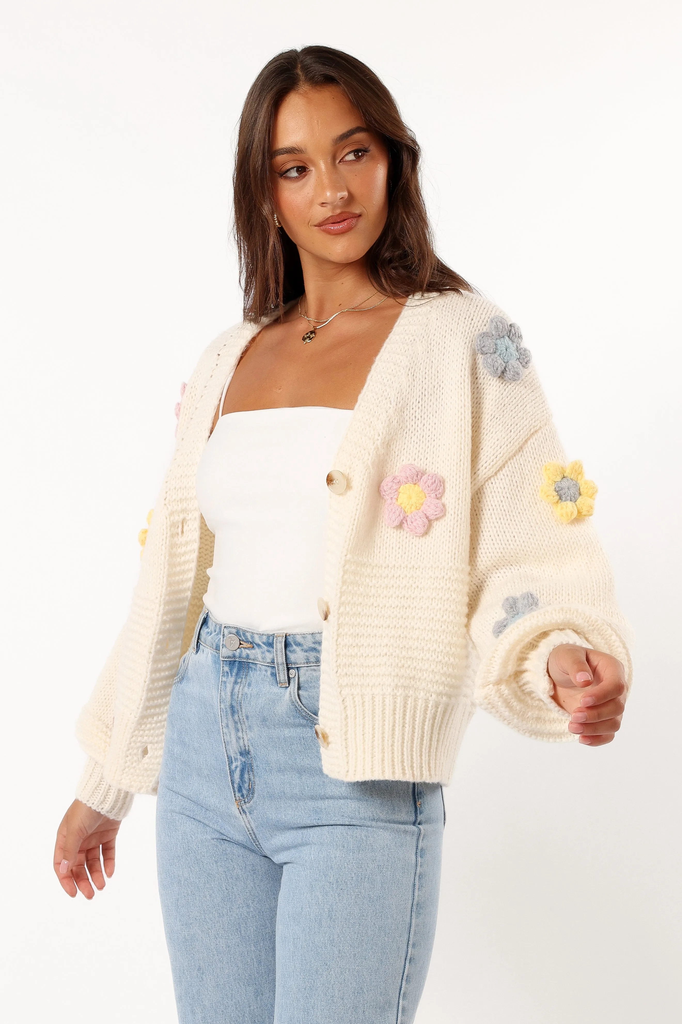 Stretch Flexibility Layered Texture Sienna Flower Cardigan - Cream