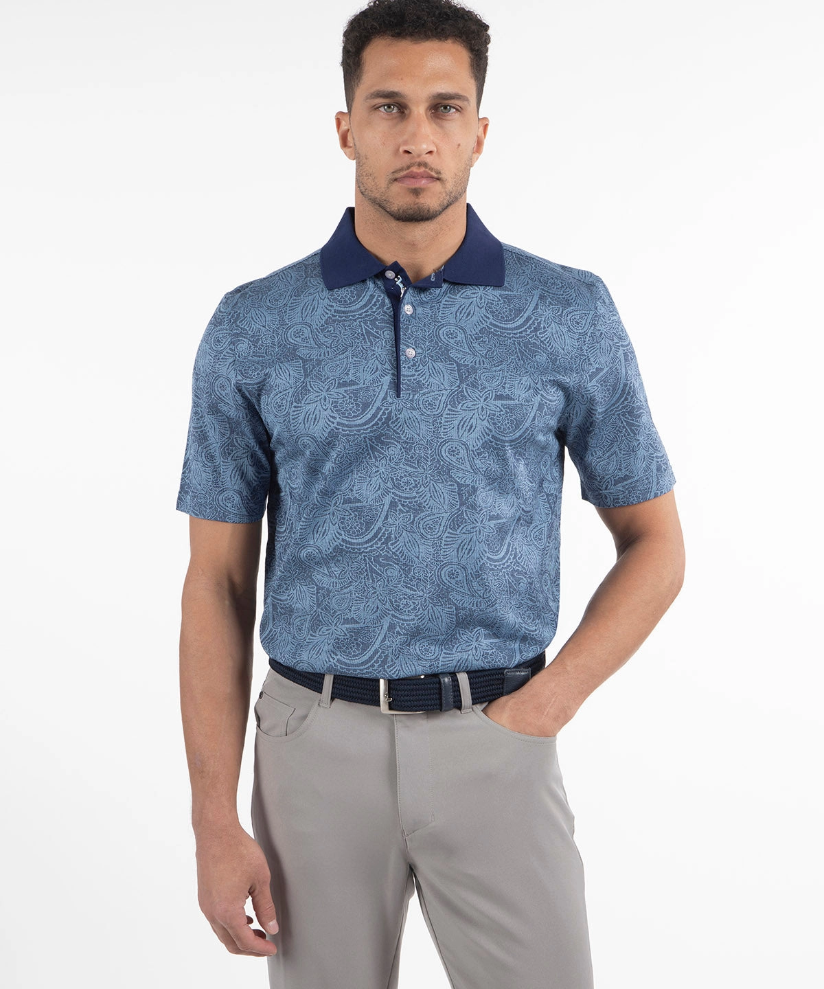 Signature Airdrie Floral Jacquard Mercerized Cotton Polo Relaxed Neckline Luxe Comfort