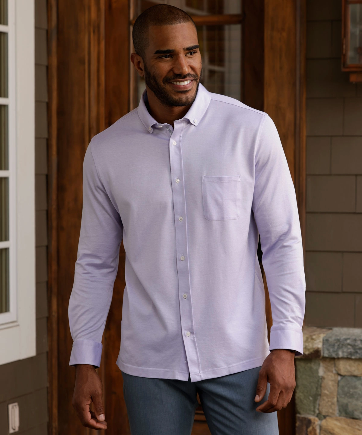 Embroidered Logo Reinforced Side Vents Signature Cotton Knit Long-Sleeve Button-Down Sport Shirt